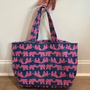 Lilly Pulitzer Elephant Printed Denim Tote Bag Navy Blue/Pink Distressed Carryal